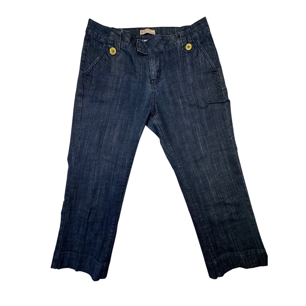 FYLO by NYLON Jeans Women 8 Blue‎ Dark Wash Crop Capri Gold Button Denim